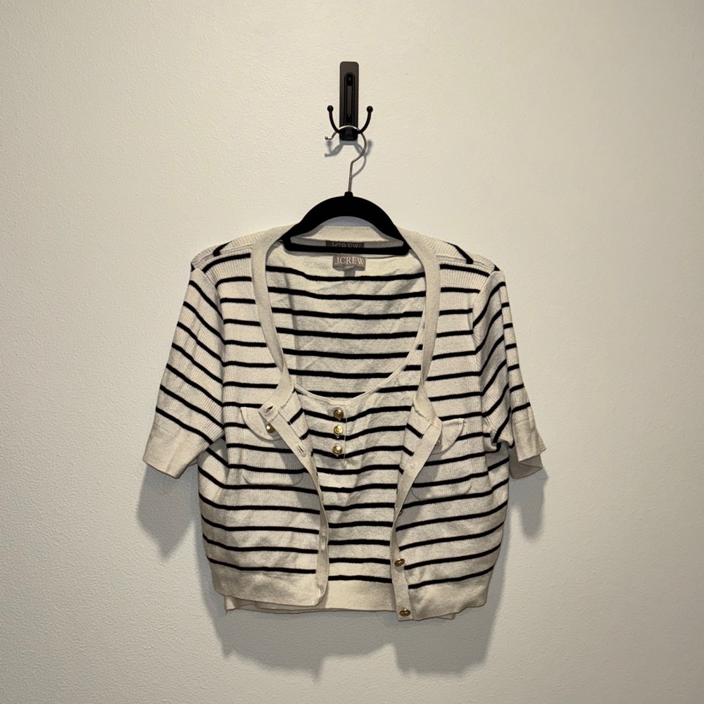 J. Crew Cream and Black Striped Short-Sleeve Cardigan Set
